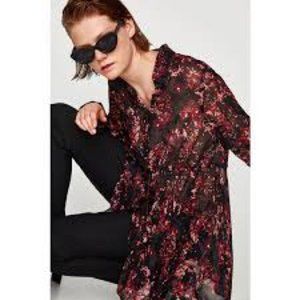 Zara Premium Collection Sheer Floral Button Front Cinched Tie Waist Tunic Size M